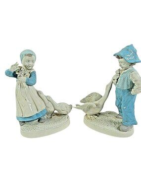 Vintage Holland Girl and Boy Figurines Blue White Pastoral Scene Ceramic Geese